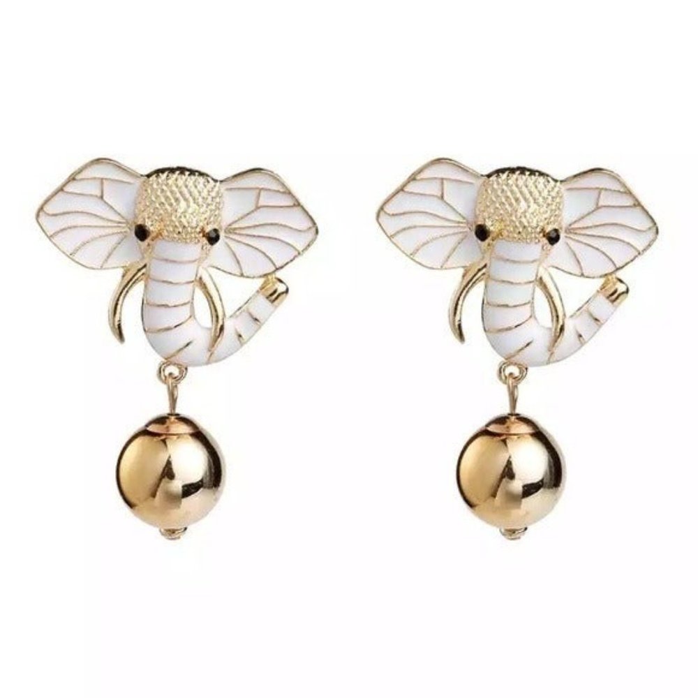 Golden Elephant earrings white dangle drop animal boho bohemian - Picture 6 of 6